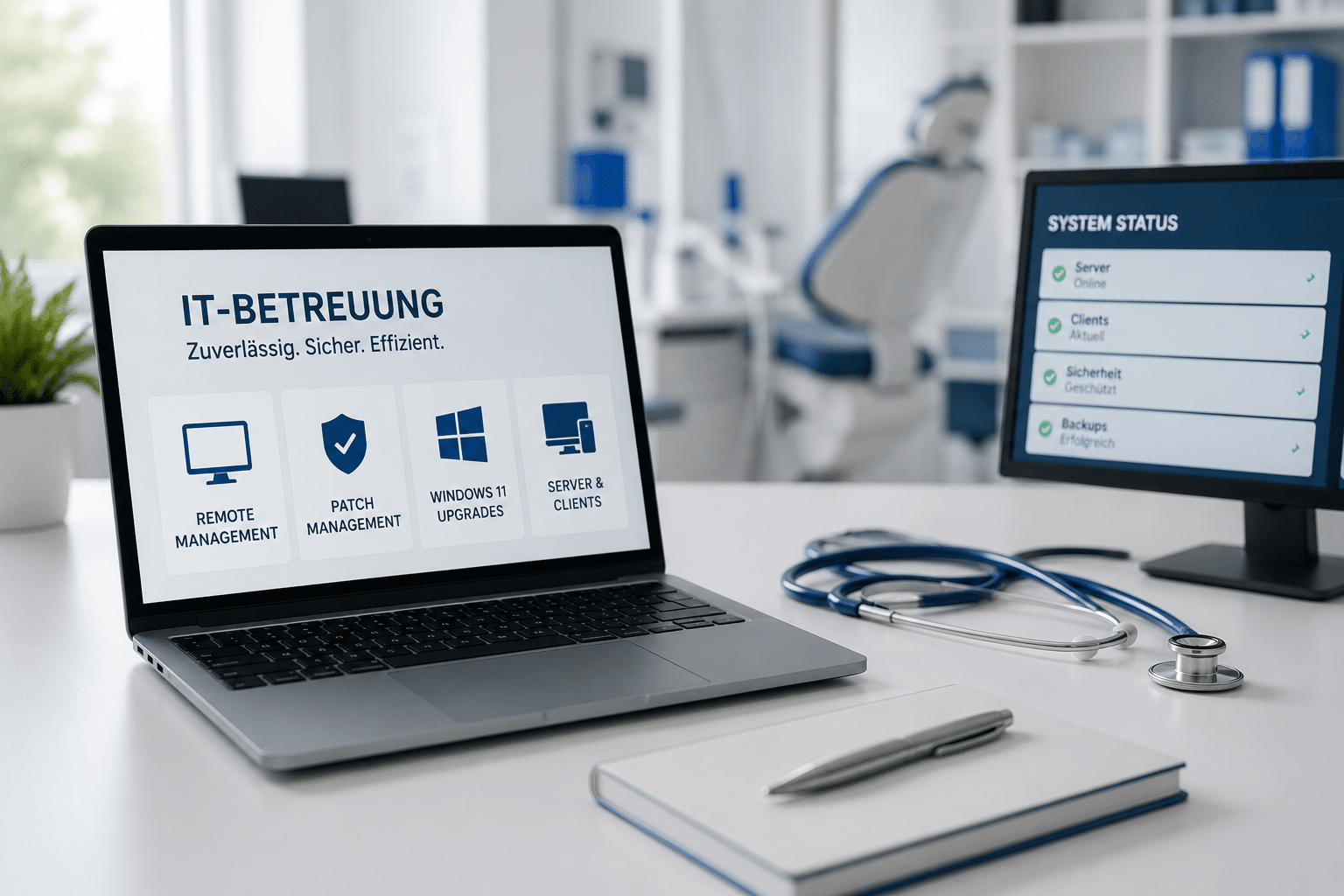 IT-Betreuung für eine medizinische Fachpraxis mit Remote-Management, Patchmanagement, Windows-11-Upgrades sowie Server- und Clientverwaltung.