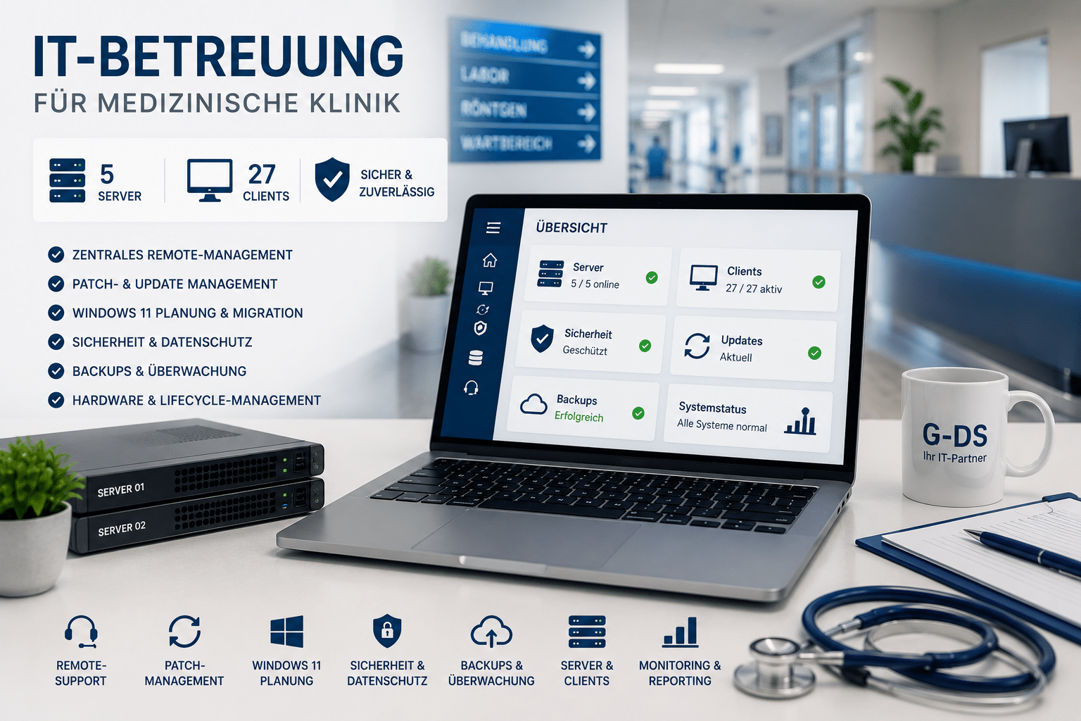 IT-Betreuung einer medizinischen Einrichtung mit 5 Servern und 27 Clients, zentralem Remote-Management, Patchmanagement, Windows-11-Upgrades und Hardwareplanung.