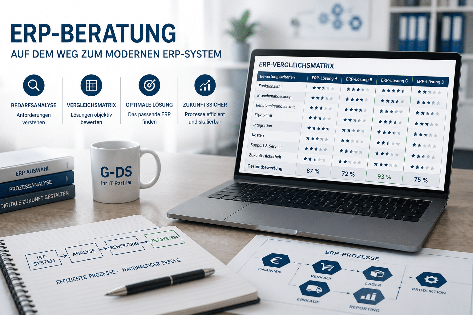 ERP-Beratung mit Bedarfsanalyse, Anforderungsmatrix und Vergleich moderner Warenwirtschafts- und ERP-Systeme.