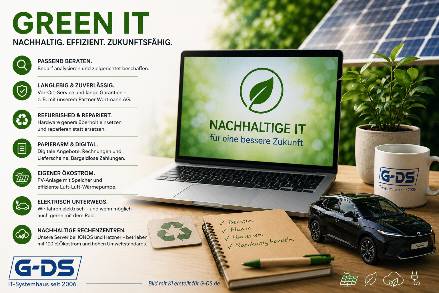 Green IT bei G-DS mit nachhaltiger IT-Beratung, langlebiger Hardware, Solarstrom und effizienter digitaler Infrastruktur