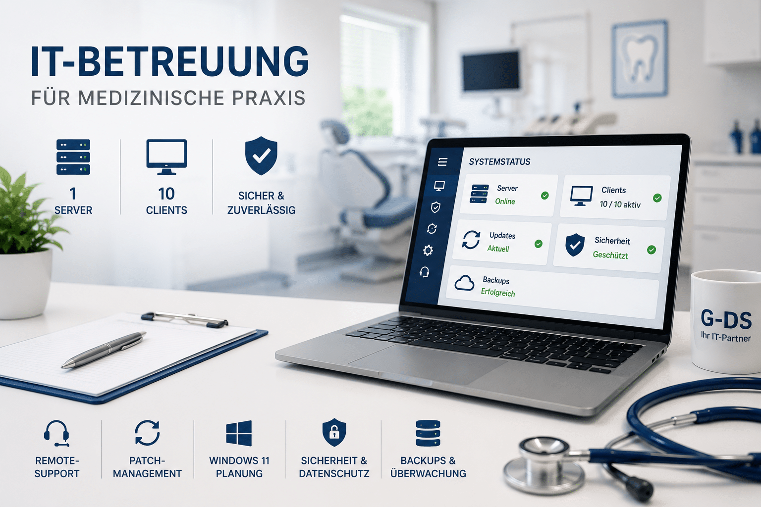 IT-Betreuung einer medizinischen Einrichtung mit 5 Servern und 27 Clients, zentralem Remote-Management, Patchmanagement, Windows-11-Upgrades und Hardwareplanung.
